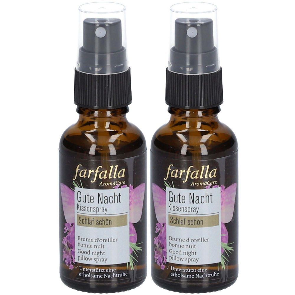 Deux flacons en verre brun avec vaporisateur. Les étiquettes indiquent "farfalla Gute Nacht Kissenspray".