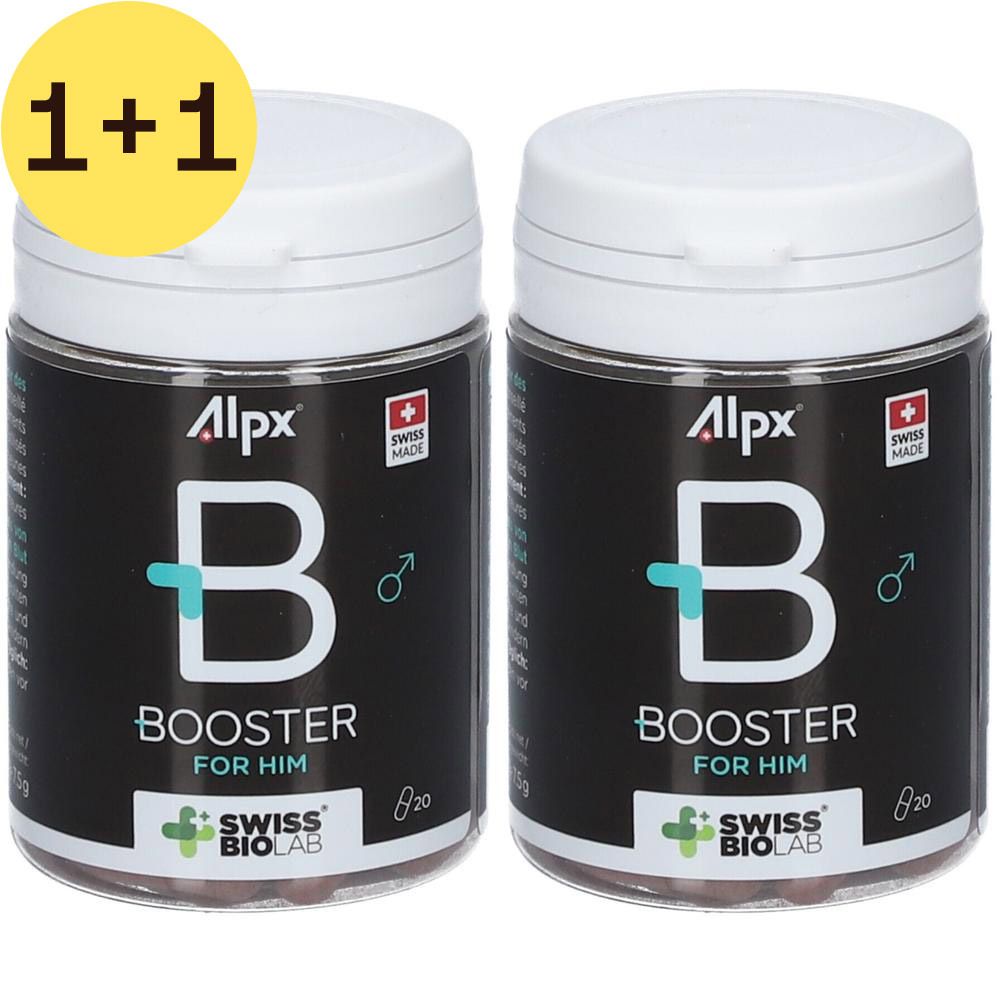 Deux boîtes avec couvercles blancs. Inscription: Alpx, B, Booster pour lui, Swiss Biolab, Swiss Made. Symbole masculin.
