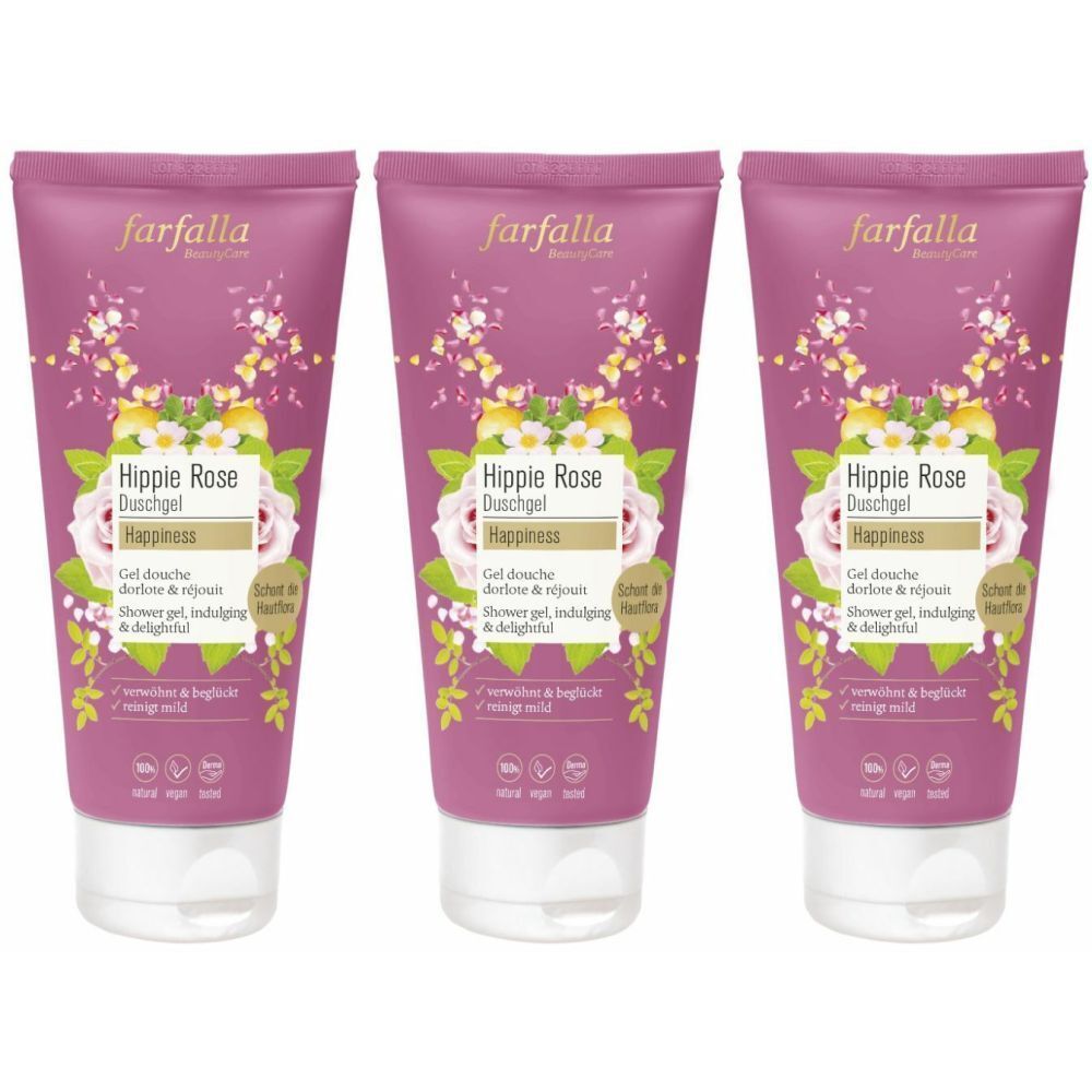 Trois tubes de gel douche avec motif floral. Inscription : Hippie Rose, Duschgel, Happiness. Marque : farfalla.
