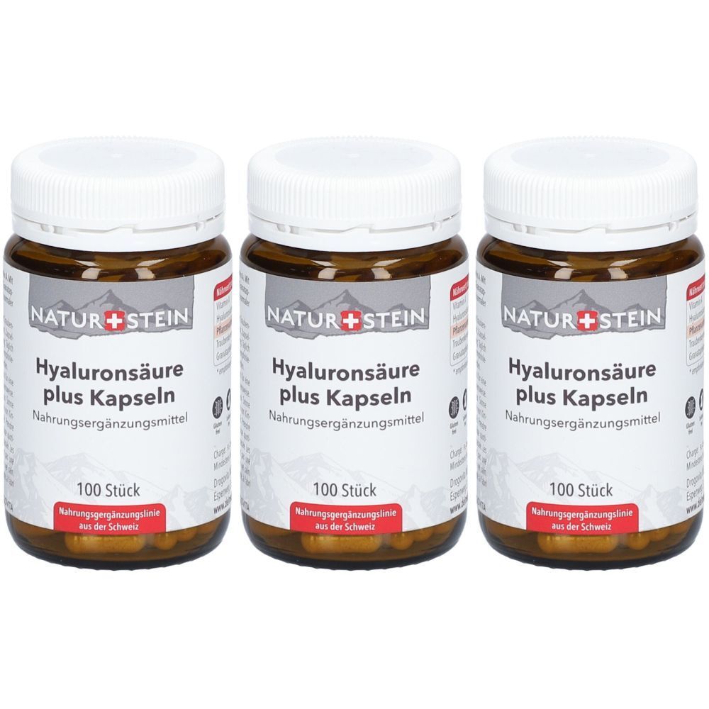 Trois flacons de NATUR+STEIN Hyaluronsäure Plus Kapseln. Flacons en verre brun avec couvercles blancs et étiquettes. Inscription : 100 Stück.