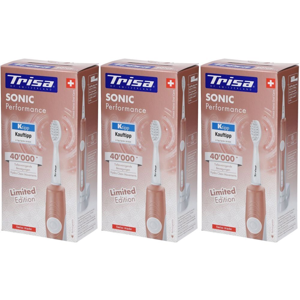 Trois boîtes de brosse à dents électrique. Inscription : Trisa Sonic Performance, Kauf-Tipp, 40 000, Édition limitée.