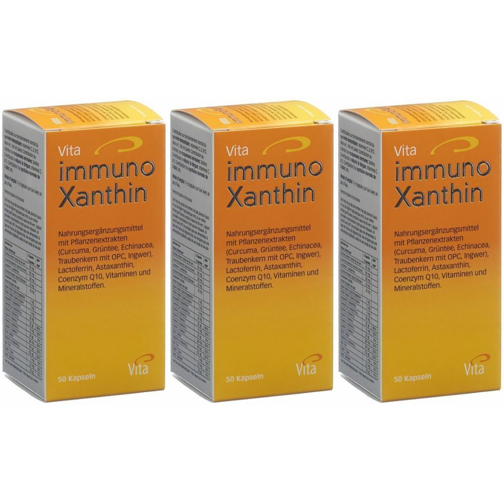 Trois boîtes de Vita immuno Xanthin. Emballage jaune-orangé avec nom du produit et ingrédients. 30 gélules.