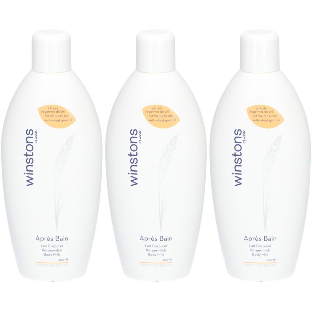 Trois flacons blancs avec bouchons blancs. Inscription : winstons classic, Après Bain, Lait Corporel. Étiquette jaune avec texte.