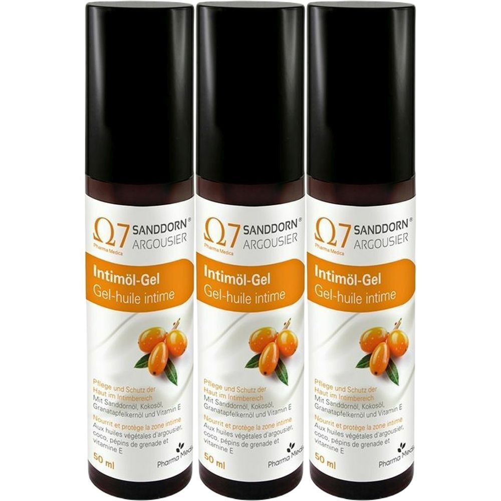Trois flacons de gel intime avec bouchon noir. Inscription : Sanddorn Argousier, Intimöl-Gel, 50 ml.