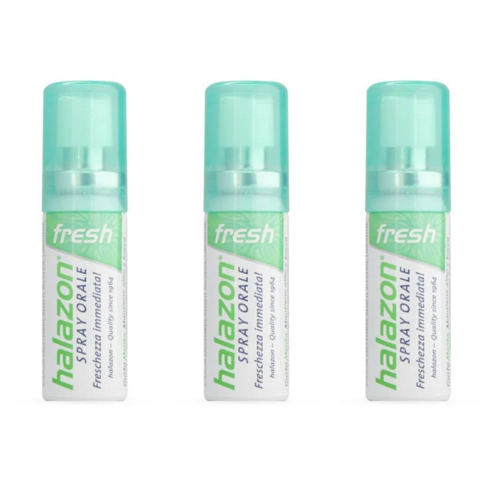 Trois sprays avec des bouchons verts. Les étiquettes blanches indiquent "halazon SPRAY ORALE" et "fresh".
