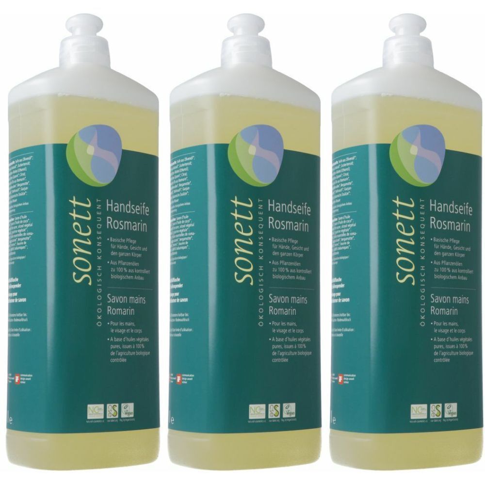 Trois flacons de savon liquide au romarin. Inscription : sonett, Handseife Rosmarin, Savon mains Romarin. Étiquettes vertes et blanches.