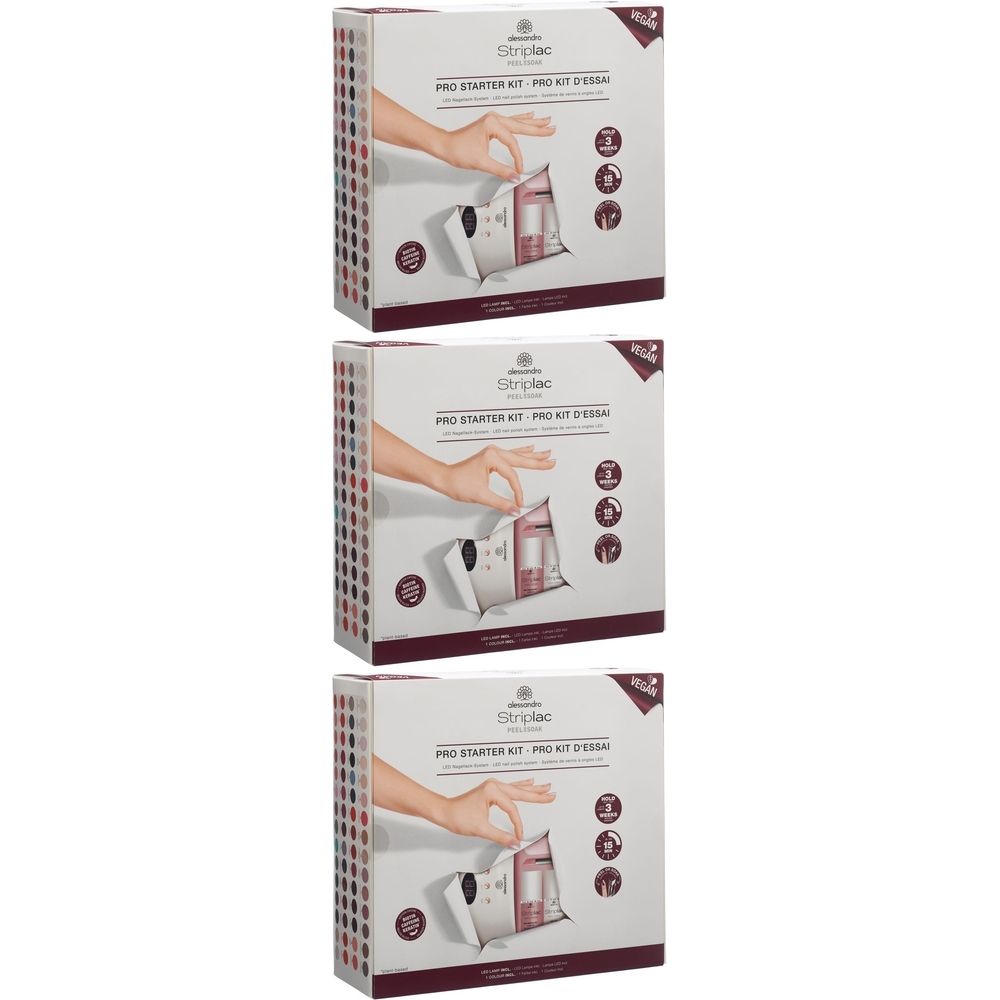 Trois boîtes identiques. Sur chaque boîte : Striplac Pro Starter Kit. Illustration d'une main retirant un objet d'un emballage. Avec accessoires.