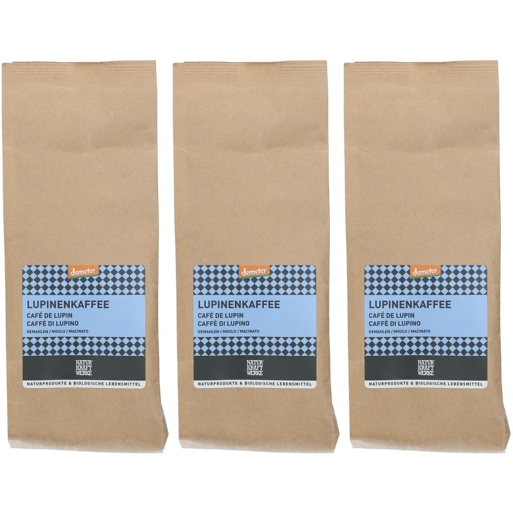 Trois sachets bruns avec étiquette bleu et blanc. Inscription : LUPINENKAFFEE, CAFE DE LUPIN, CAFFE DI LUPINO. Label Demeter.