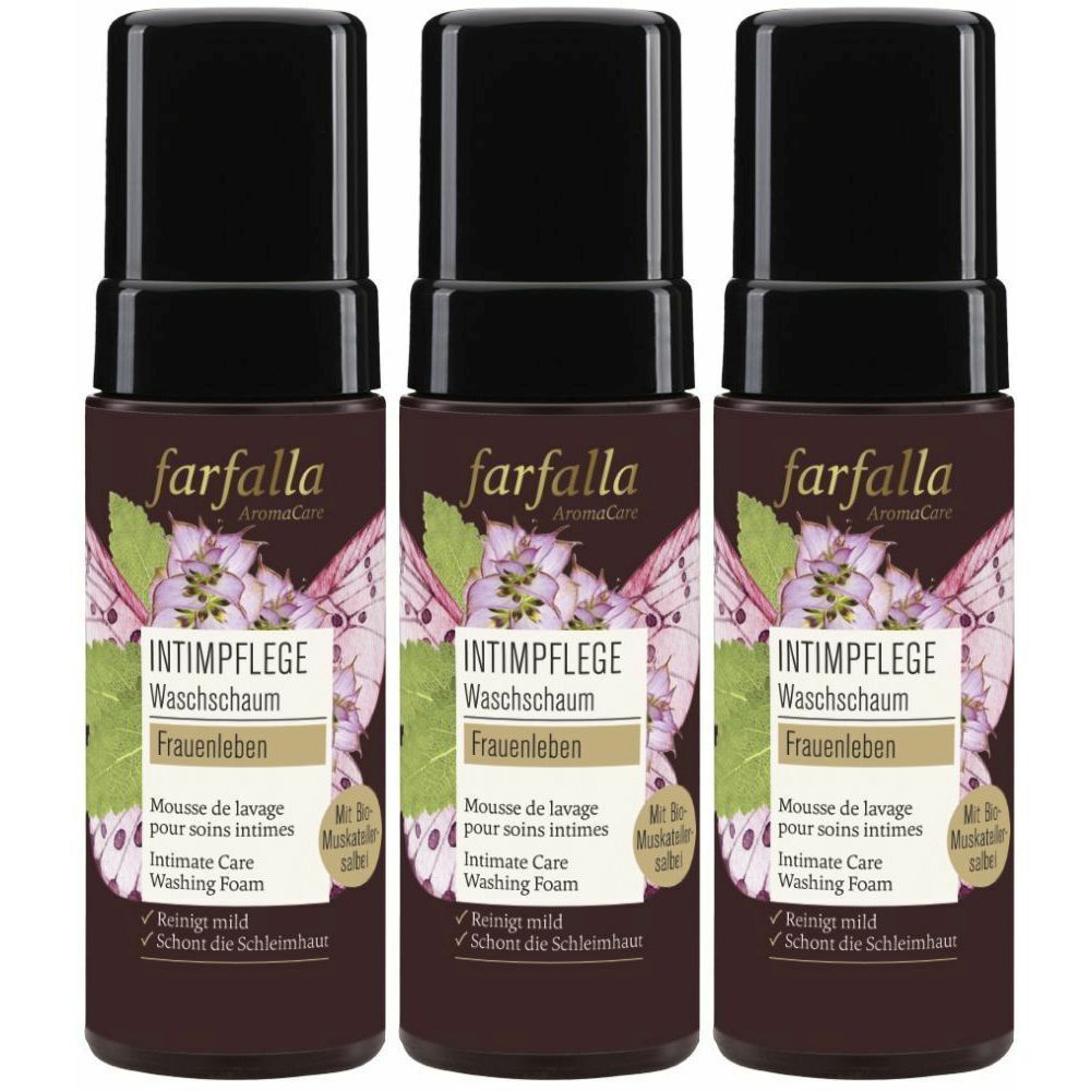 Trois flacons de mousse lavante intime. Flacons brun foncé avec bouchon noir. Inscription : farfalla, Intimpflege, Frauenleben.