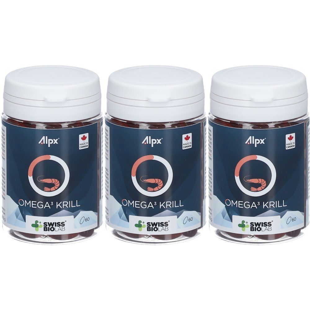Trois flacons avec couvercles blancs. Inscription: Alpx Omega 3 Krill. Logo: symbole de krill. Label: Swiss BioLab.