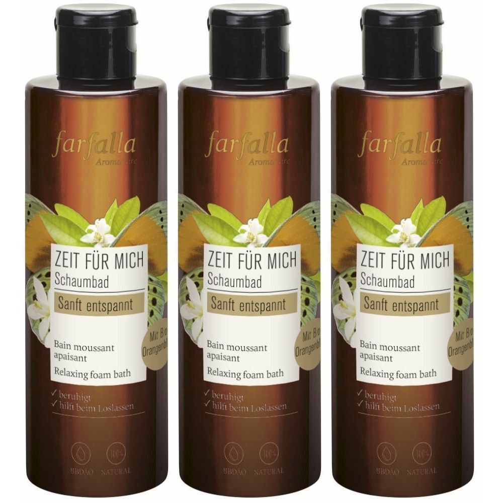 Trois flacons de bain moussant FARFALA. Flacons bruns avec bouchon noir. Inscription : "ZEIT FÜR MICH Schaumbad Sanft entspannt".
