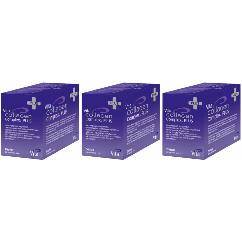 Trois boîtes de Vita Collagen Complex Plus. Emballage bleu avec texte blanc. Nom du produit et logo visibles.