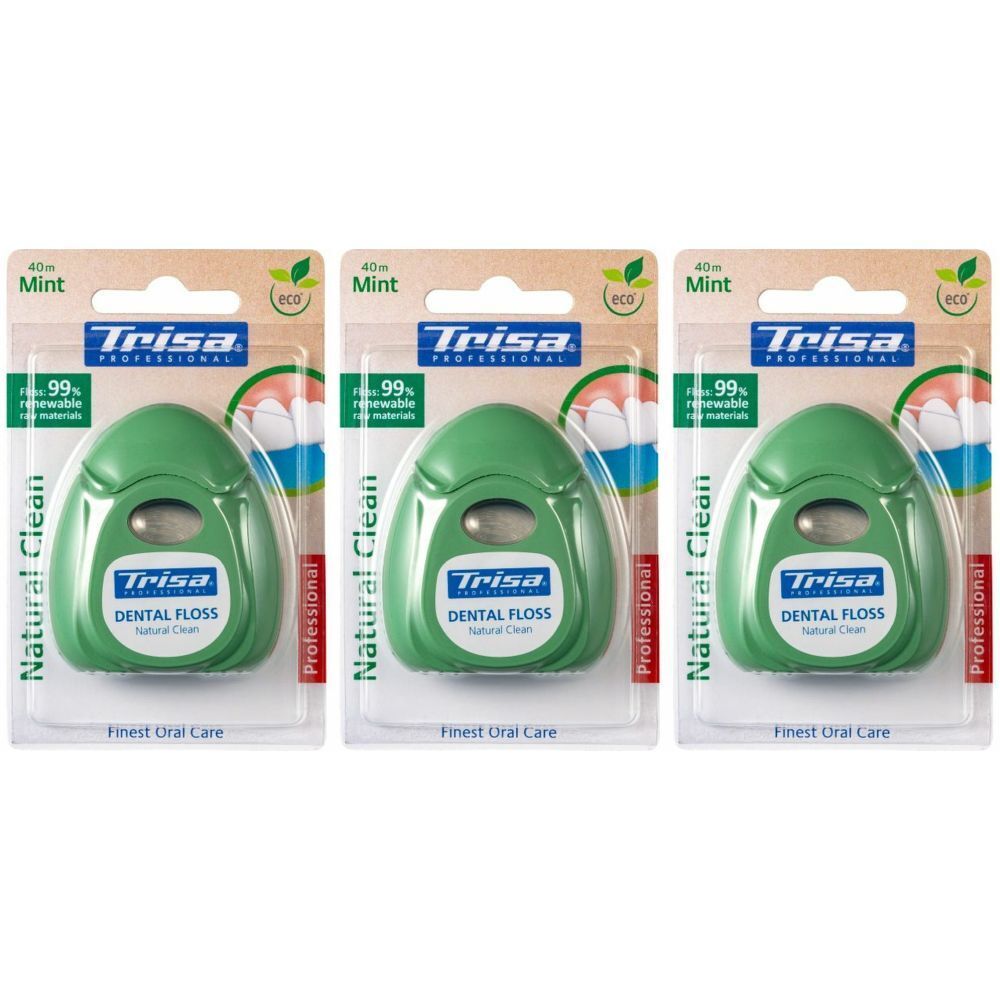 Trois paquets de fil dentaire vert. Chaque paquet porte la mention "Trisa Dental Floss". L'emballage indique "Natural Clean" et "Mint".