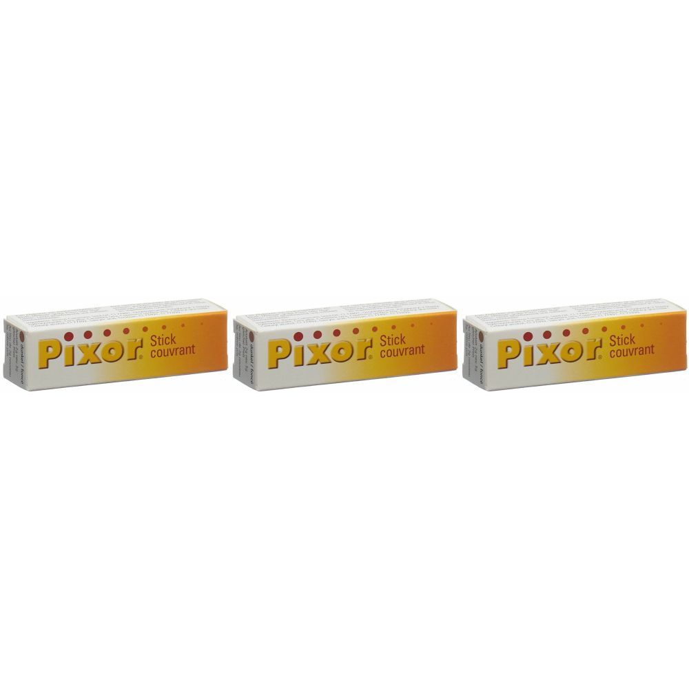 Trois emballages rectangulaires. Sur chaque emballage, on lit "Pixor Stick couvrant".
