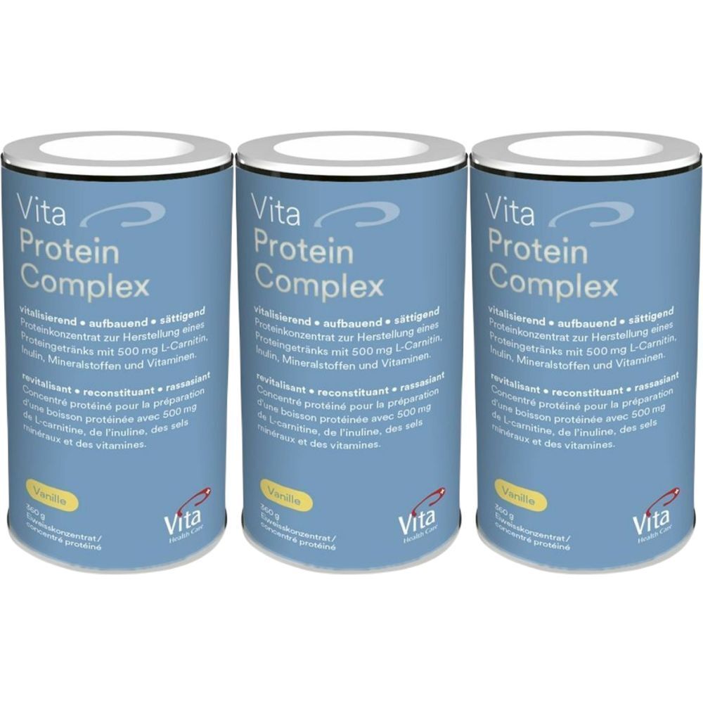 Trois boîtes de Vita Protein Complex. Boîtes bleues avec couvercles blancs. Inscription : Vita Protein Complex, Vanille. Petit logo : Vita.