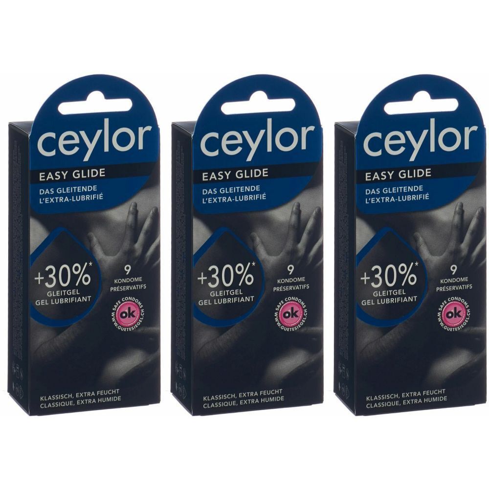 Trois boîtes de préservatifs Ceylor Easy Glide. Emballage bleu avec nom du produit, '+30%' et '9 préservatifs'.