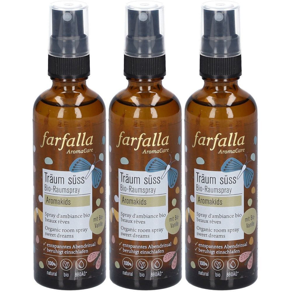 Trois flacons en verre brun avec vaporisateur. Inscription: farfalla AromaCare, Träum süss Bio-Raumspray Aromakids. Avec vanille bio.