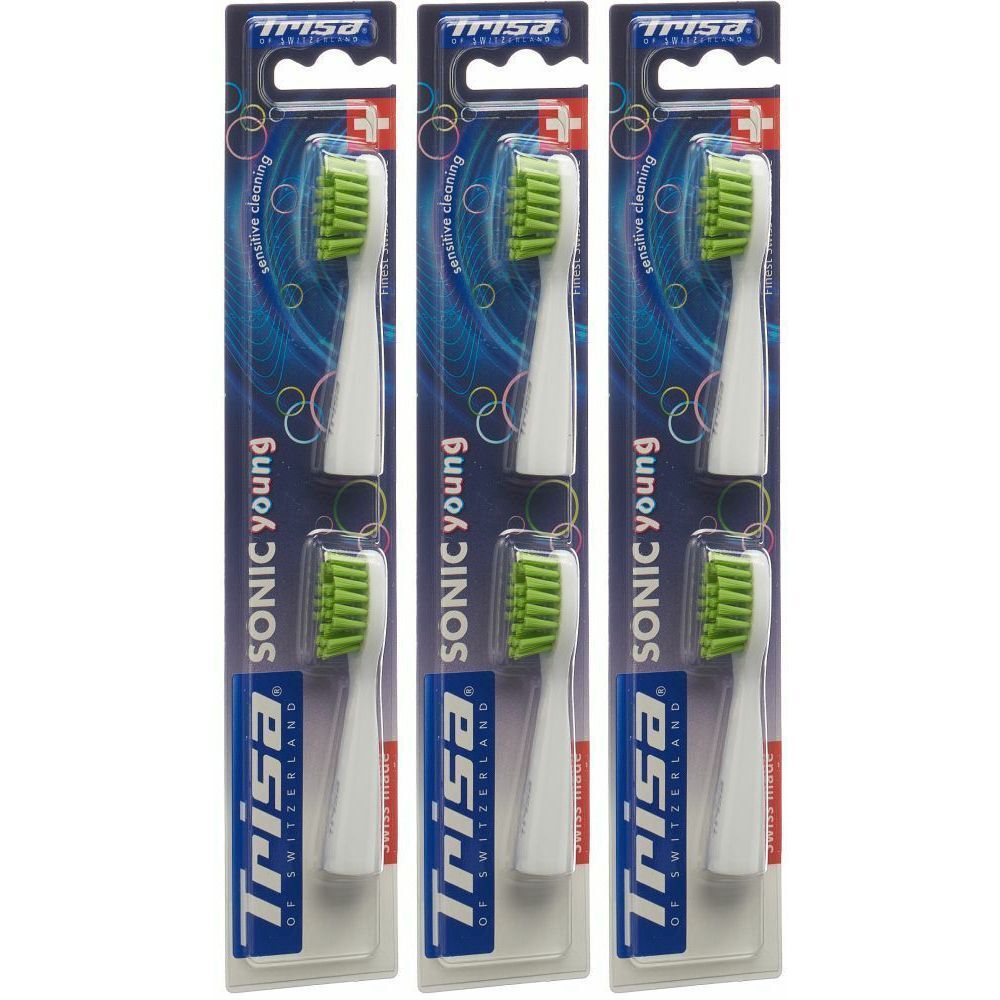 Trois têtes de brosse de rechange pour brosses à dents électriques. Têtes blanches avec poils verts, emballées sous blister. Marque : Trisa.