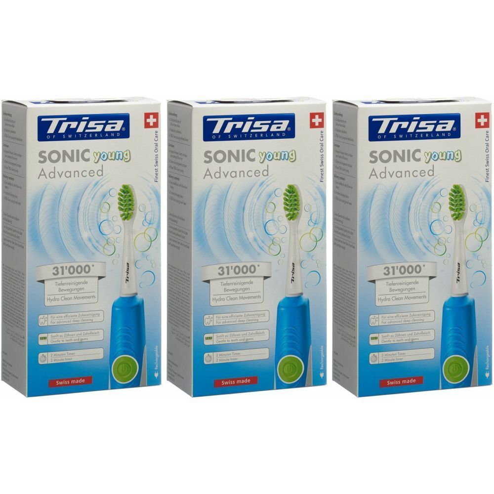 Trois boîtes de la brosse à dents ultrasonique TRISA Sonic Advanced Young. Brosse bleue avec tête verte. Emballage avec texte et logo.