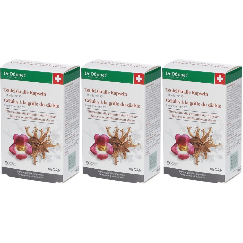 Trois boîtes de "Teufelskralle Kapseln" de Dr. Dünner. Chaque boîte affiche une image de fleurs et d'épines, avec les mentions "60" et "VEGAN".