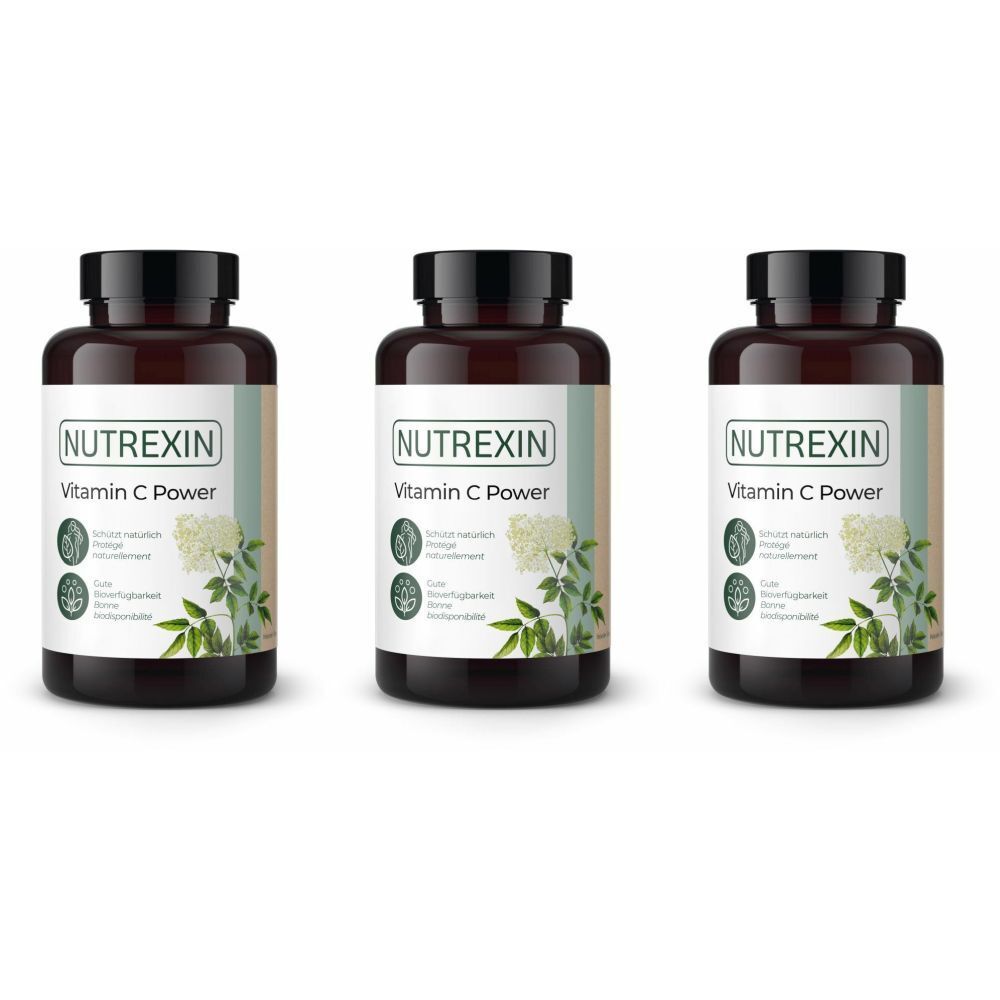 Trois flacons bruns avec des couvercles noirs. Les étiquettes indiquent "NUTREXIN Vitamin C Power".