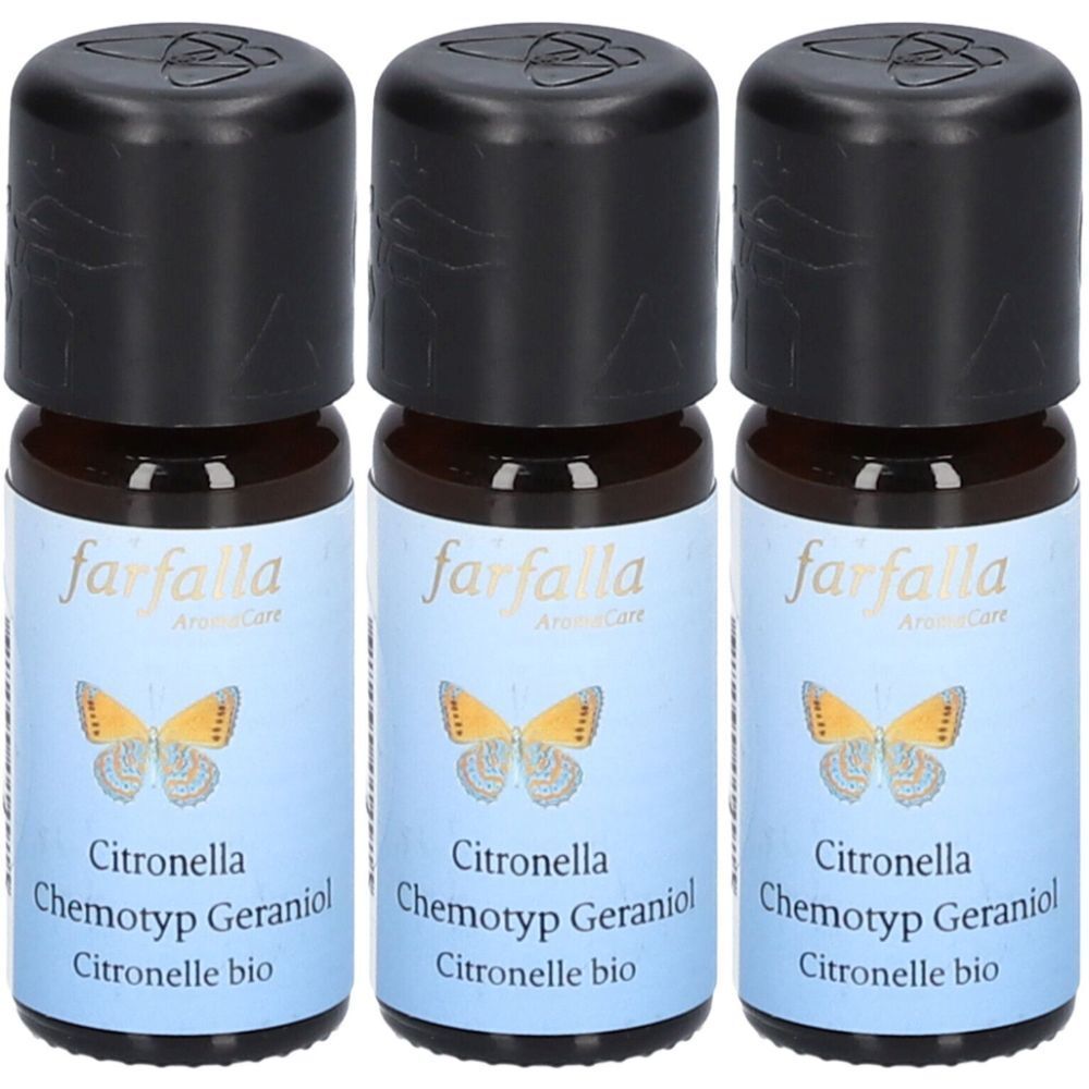 Trois flacons en verre brun avec des bouchons noirs. Les étiquettes indiquent "farfalla", "Citronella" et "Citronelle bio".