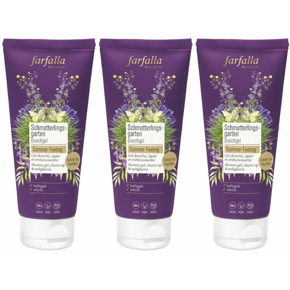 Trois tubes de gel douche violets. Inscriptions : farfalla, Schmetterlingsgarten, Summer Feeling. Bouchon blanc.