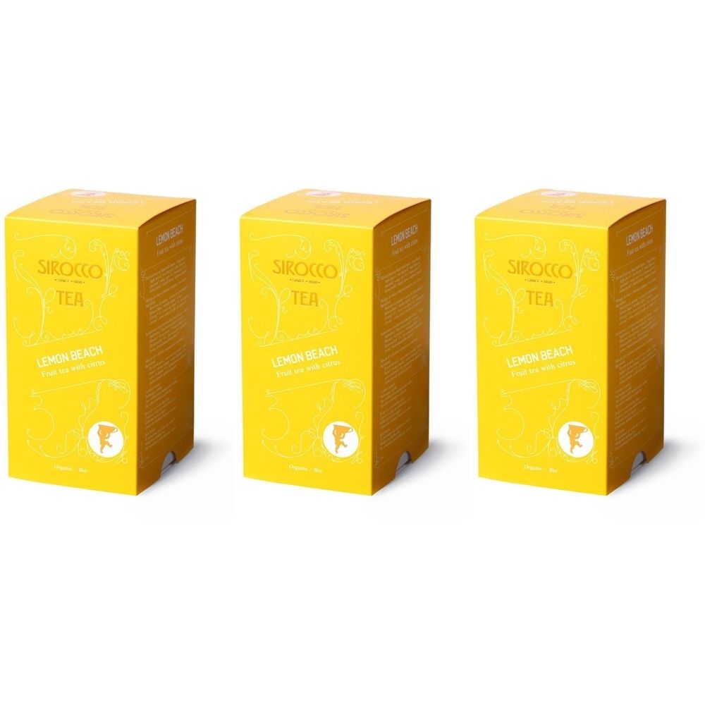 Trois boîtes de thé SIROCCO jaunes. Inscription : SIROCCO TEA, Lemon Beach. Avec illustrations et logo.