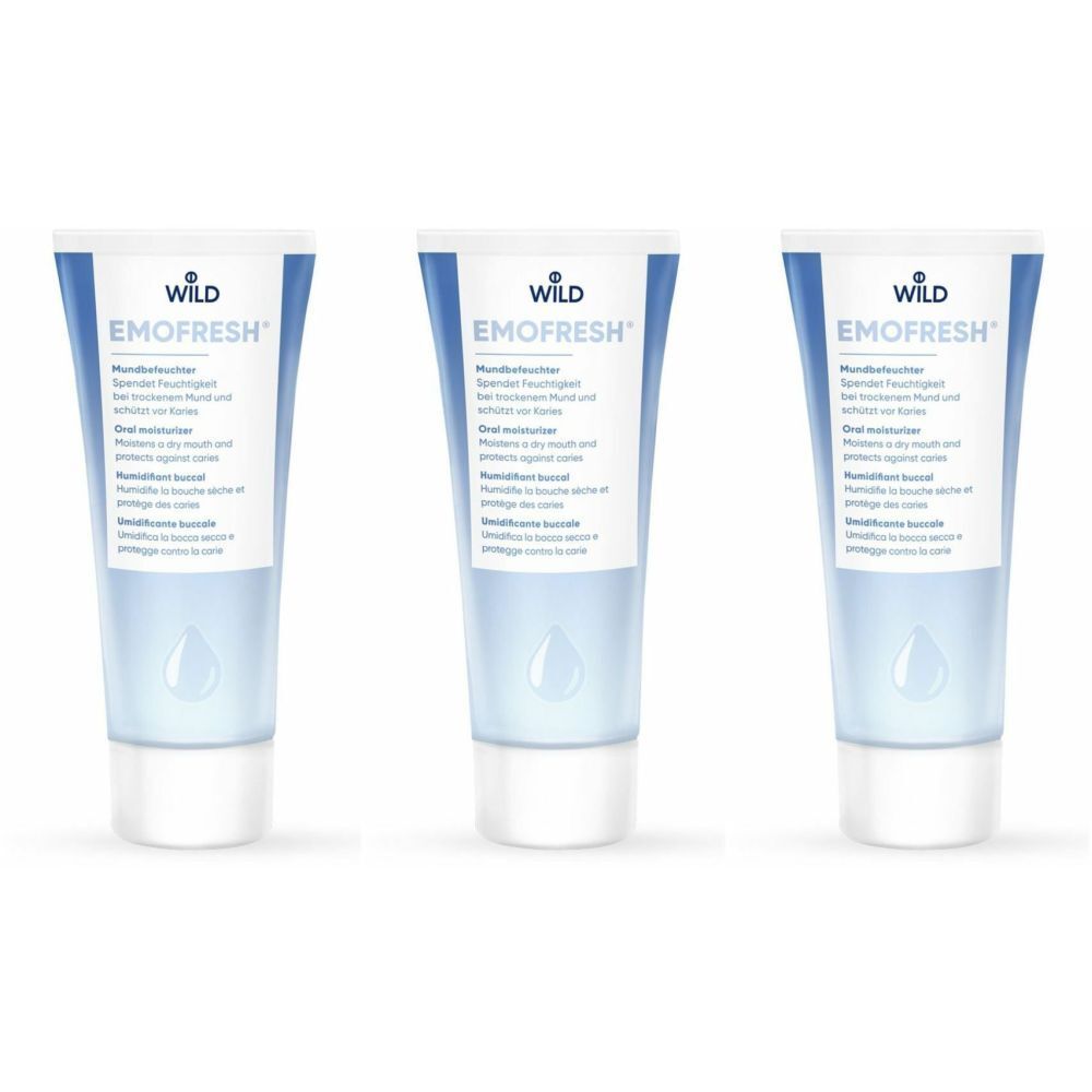 Trois tubes avec base blanche et étiquette bleu et blanc. Inscription: WILD EMOFRESH. Texte en allemand, anglais, français et italien.