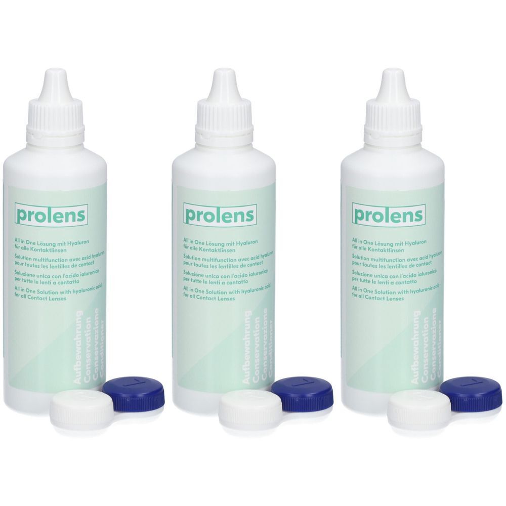 Trois flacons de solution d'entretien pour lentilles de contact avec couvercles et étuis. "prolens" est écrit sur les flacons.