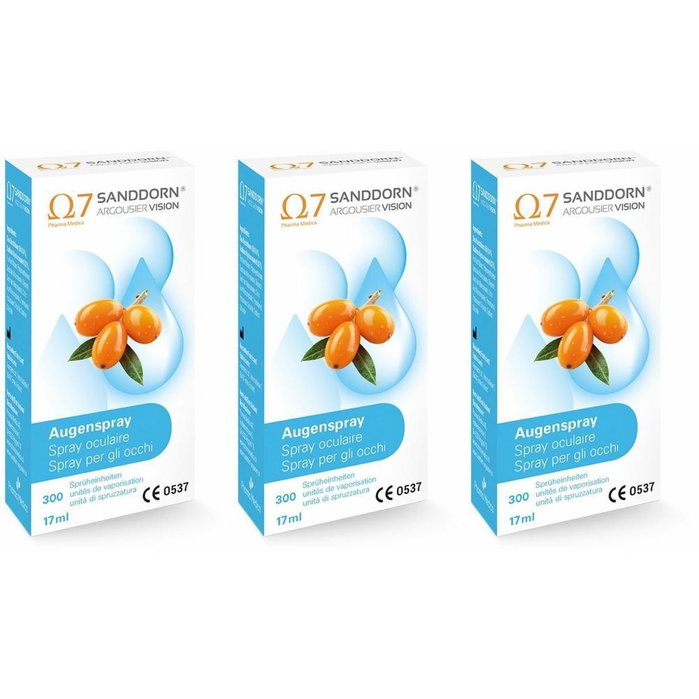 Trois boîtes de spray oculaire. Sur chaque boîte : marque Q7 SANDDORN, nom du produit, contenu, marquage CE.