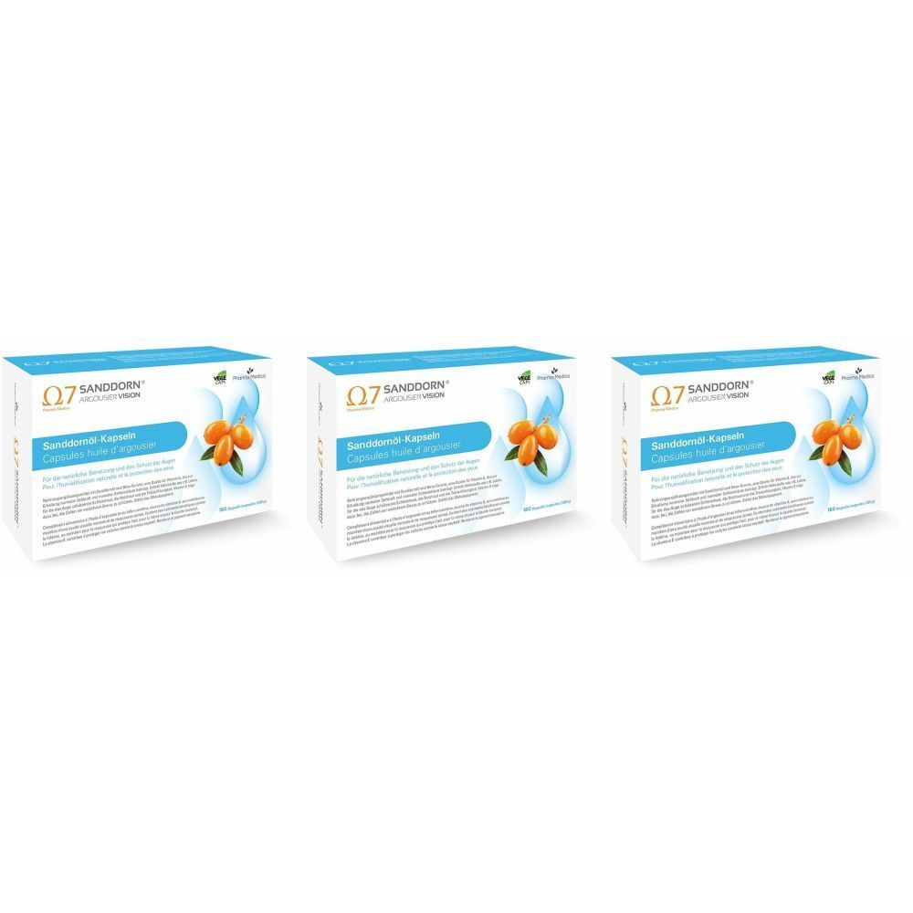 Trois boîtes blanches avec bande bleue et illustration de produit. Inscription : Omega 7 Sanddorn Vision, capsules d'huile d'argousier.
