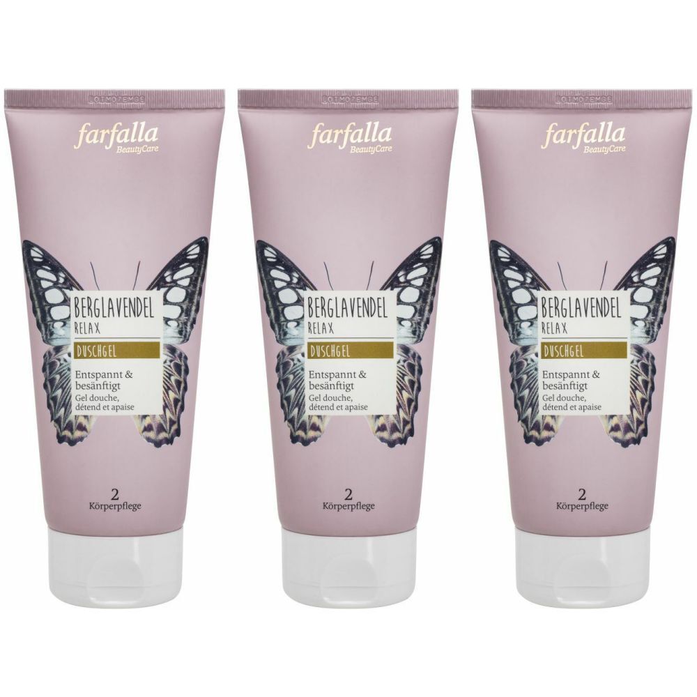 Trois tubes de gel douche "Berglavendel Relax". Emballage rose avec motif papillon et inscription "farfalla".