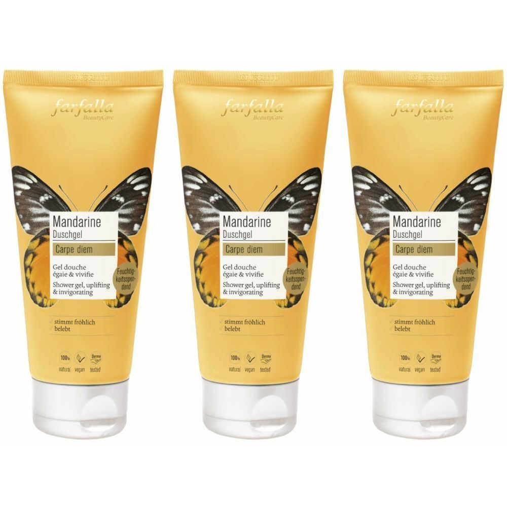Trois tubes de gel douche avec motif mandarine. Inscription : Mandarine Duschgel, Carpe diem. Marque : farfalla.