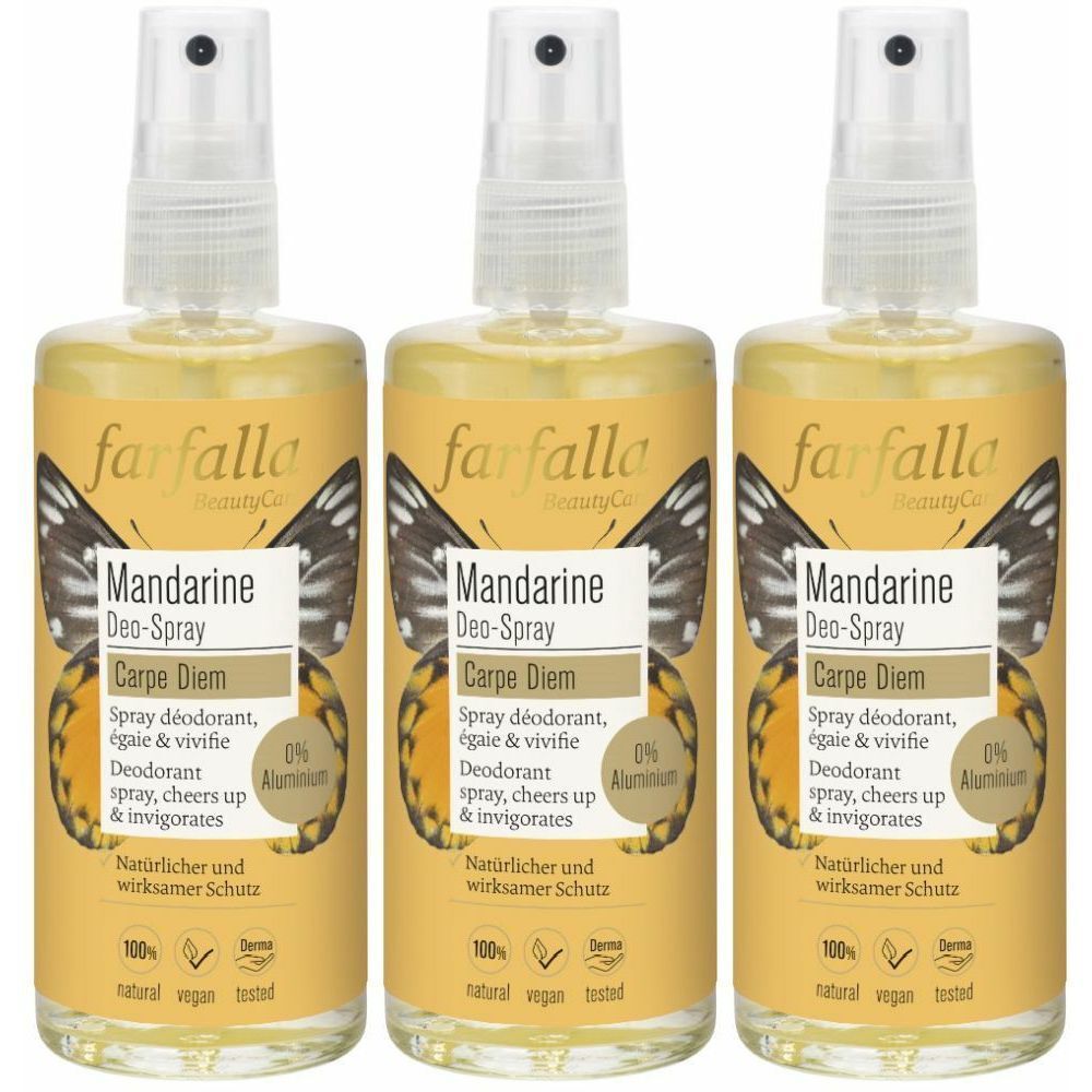 Trois flacons de spray farfalla BeautyCare Mandarine Deo-Spray. Inscription: Mandarine, Carpe Diem, 0% Aluminium. Protection naturelle.