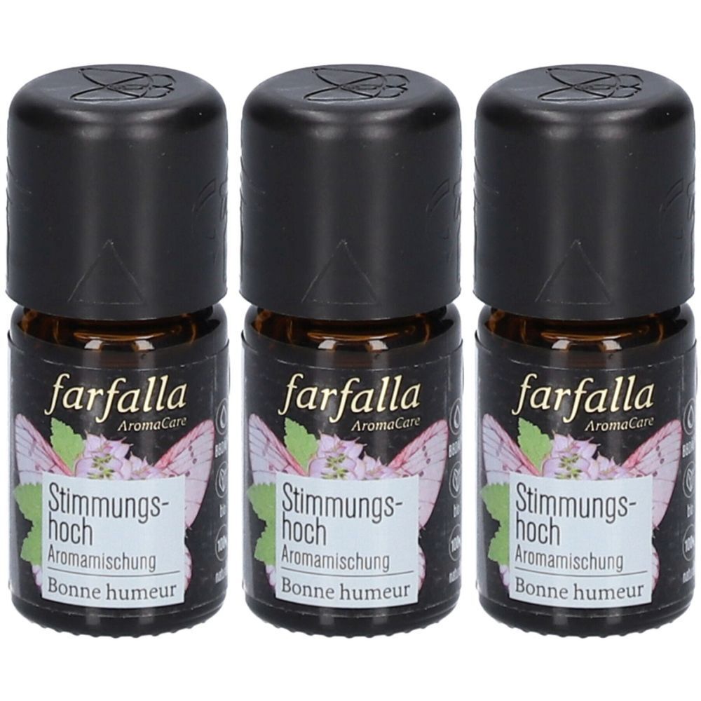 Trois petits flacons avec bouchons noirs. Étiquettes : "farfalla AromaCare Stimmungshoch Aromamischung Bonne humeur".