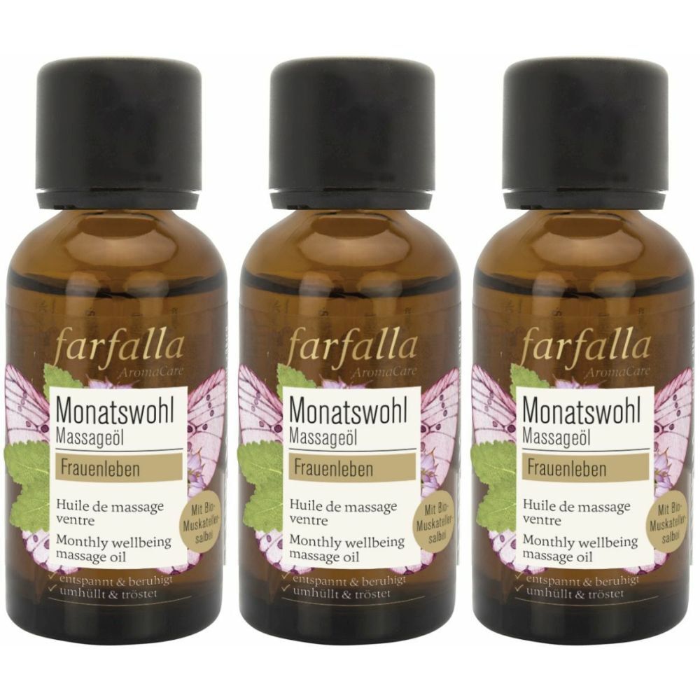 Trois flacons en verre brun avec des bouchons noirs. Inscription : farfalla AromaCare Monatswohl Massageöl Frauenleben.