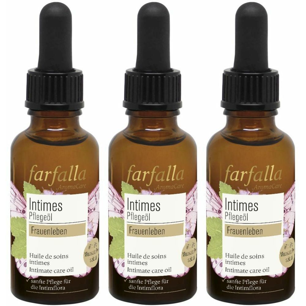 Trois flacons en verre brun avec compte-gouttes noir. Les étiquettes indiquent "farfalla Intimes Pflegeöl Frauenleben".