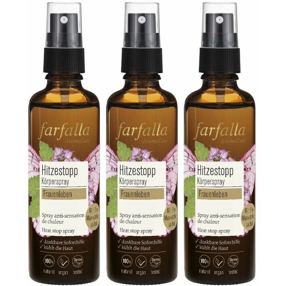 Trois flacons spray bruns. Chaque flacon porte l'inscription "farfalla" et "Hitzestopp Körperspray Frauenleben".