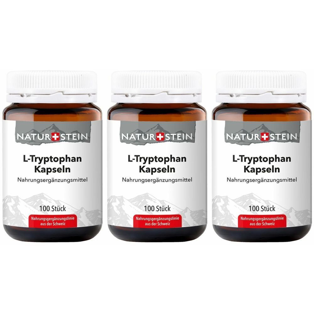 Trois flacons bruns avec des couvercles blancs. Les étiquettes indiquent "NATUR+STEIN L-Tryptophan Kapseln". Chaque flacon contient 100 pièces.