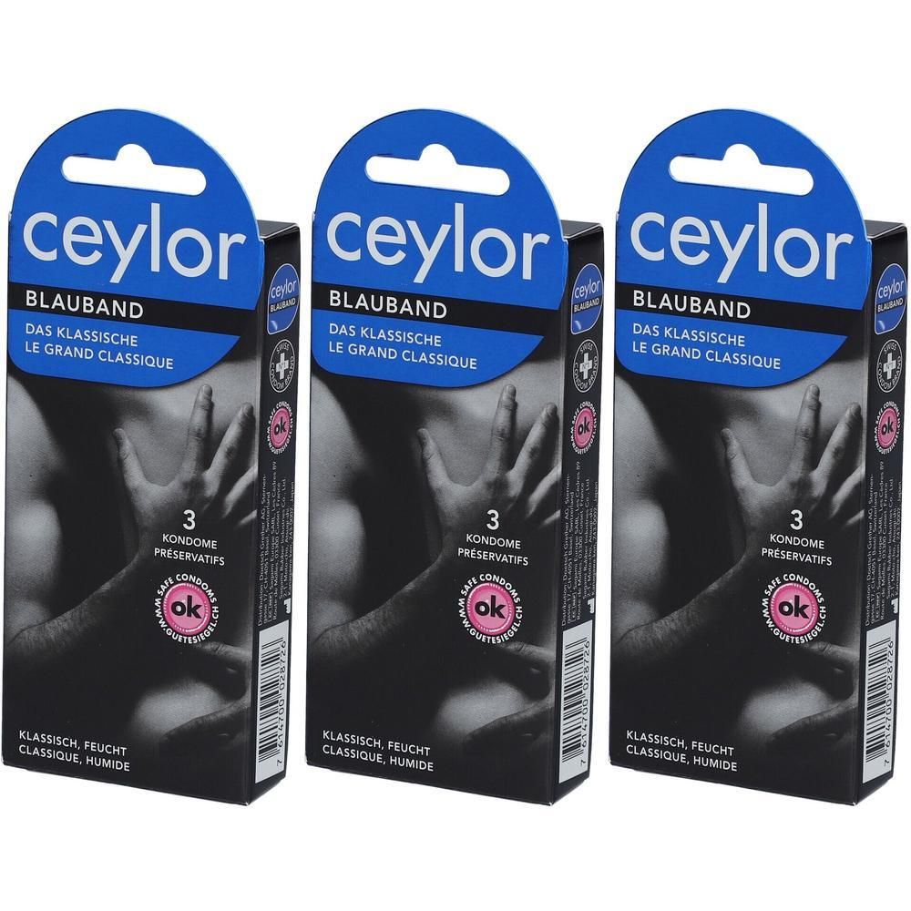 Trois boîtes de préservatifs Ceylor Blauband. Emballage noir avec arc bleu. Texte: Ceylor, Blauband, 3 préservatifs, classique, humide.