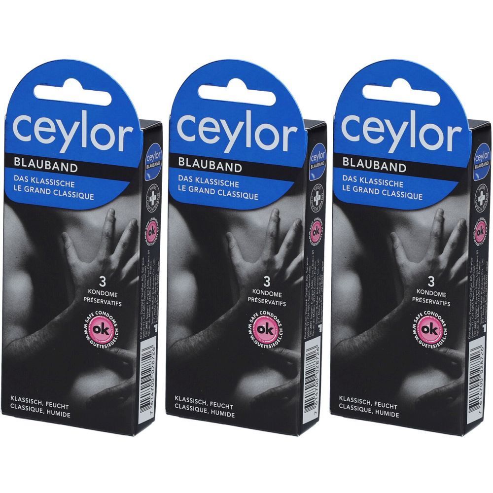 Trois boîtes de préservatifs Ceylor Blauband. Suspension bleue avec logo. Emballage noir avec texte et image d'un torse.