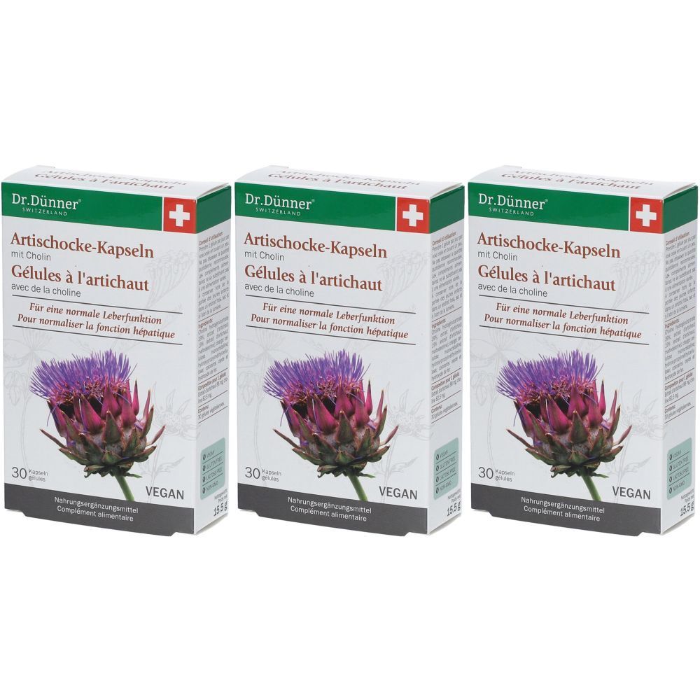 Trois boîtes de gélules d'artichaut. Chaque boîte affiche le nom de la marque, une croix suisse, une image d'artichaut et du texte.