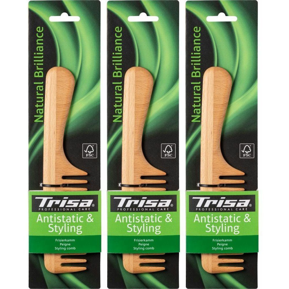 Trois peignes en emballage. Manche couleur bois, dents. Marque : Trisa. Inscription : Antistatic & Styling. Label FSC.
