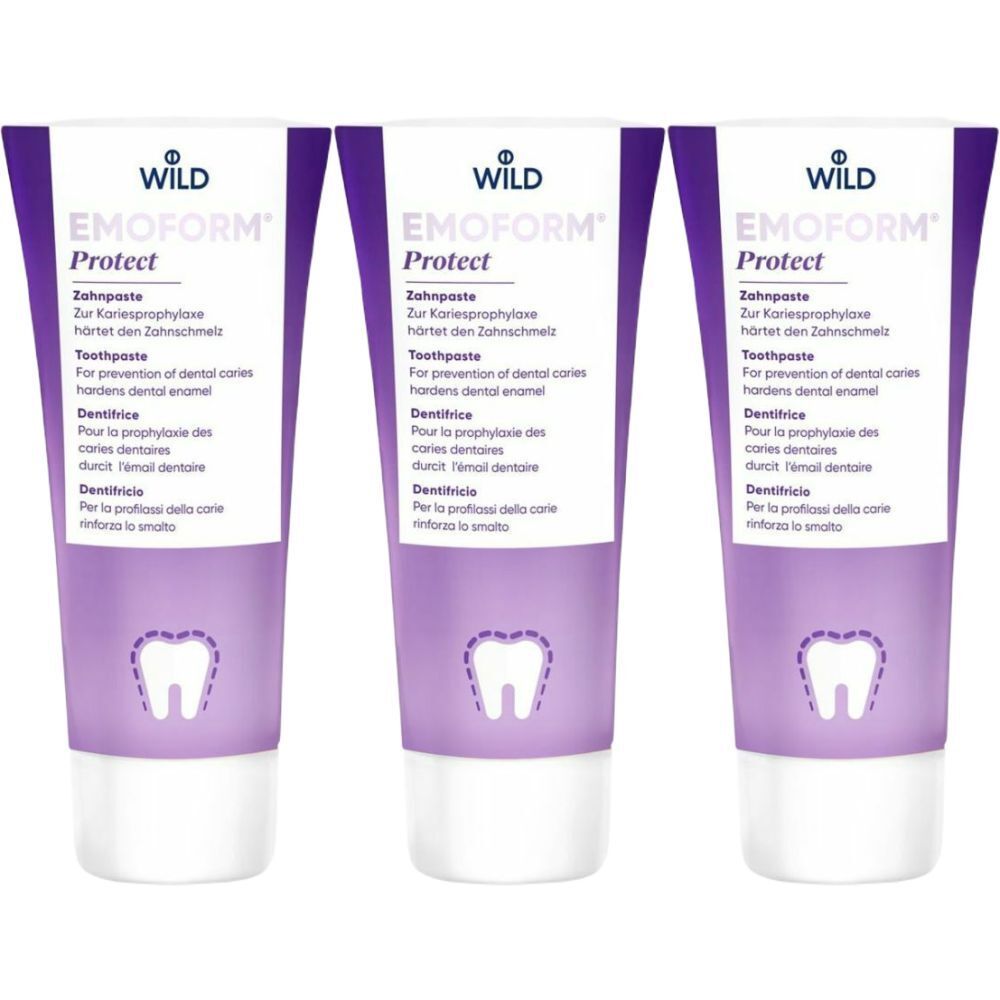 Trois tubes de dentifrice EMOFORM Protect. Emballage violet et blanc avec nom du produit et texte multilingue. Symbole de dent.