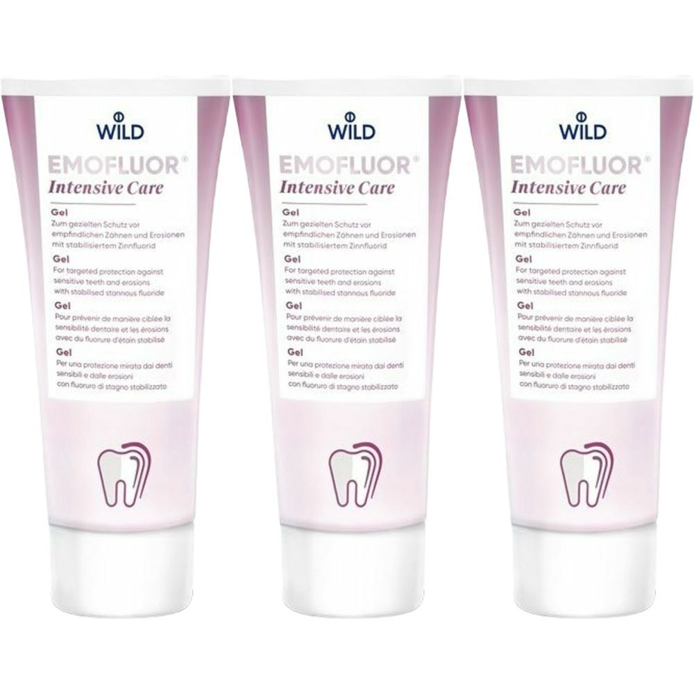 Trois tubes de gel EMOFLUOR® Intensive Care. Emballage rose et blanc avec nom du produit et logo. Symbole de dent en bas.