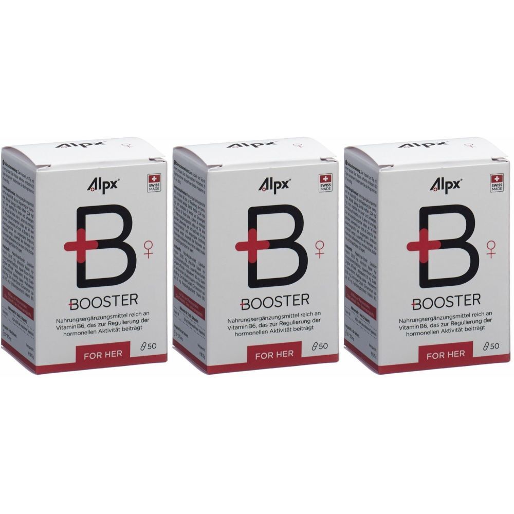 Trois boîtes blanches avec texte rouge et noir. Inscription: Alpx B Booster, FOR HER. Croix suisse.