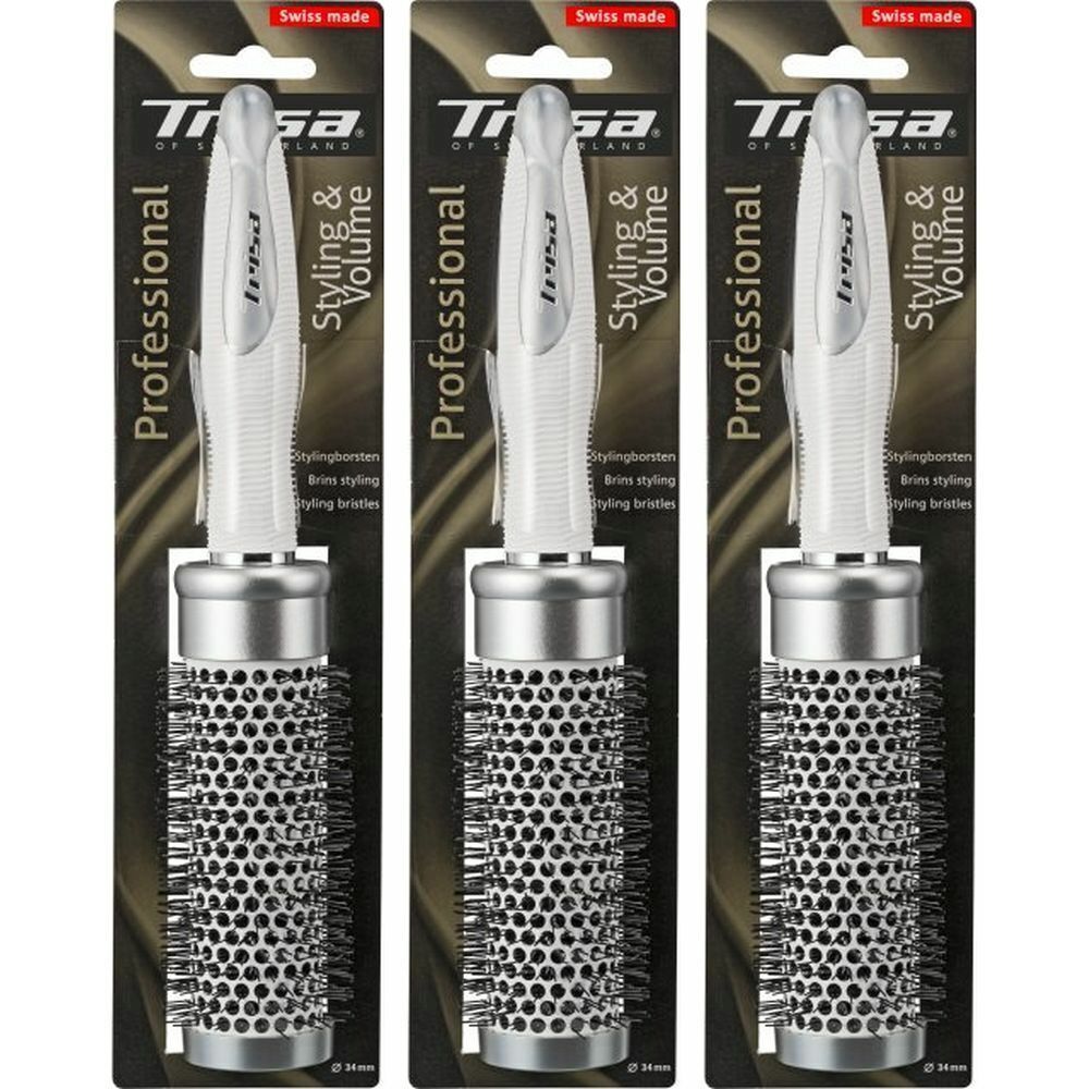 Trois brosses à cheveux emballées. Manche blanc, corps argenté perforé. Inscriptions : Professional, Styling & Volume, Swiss made.