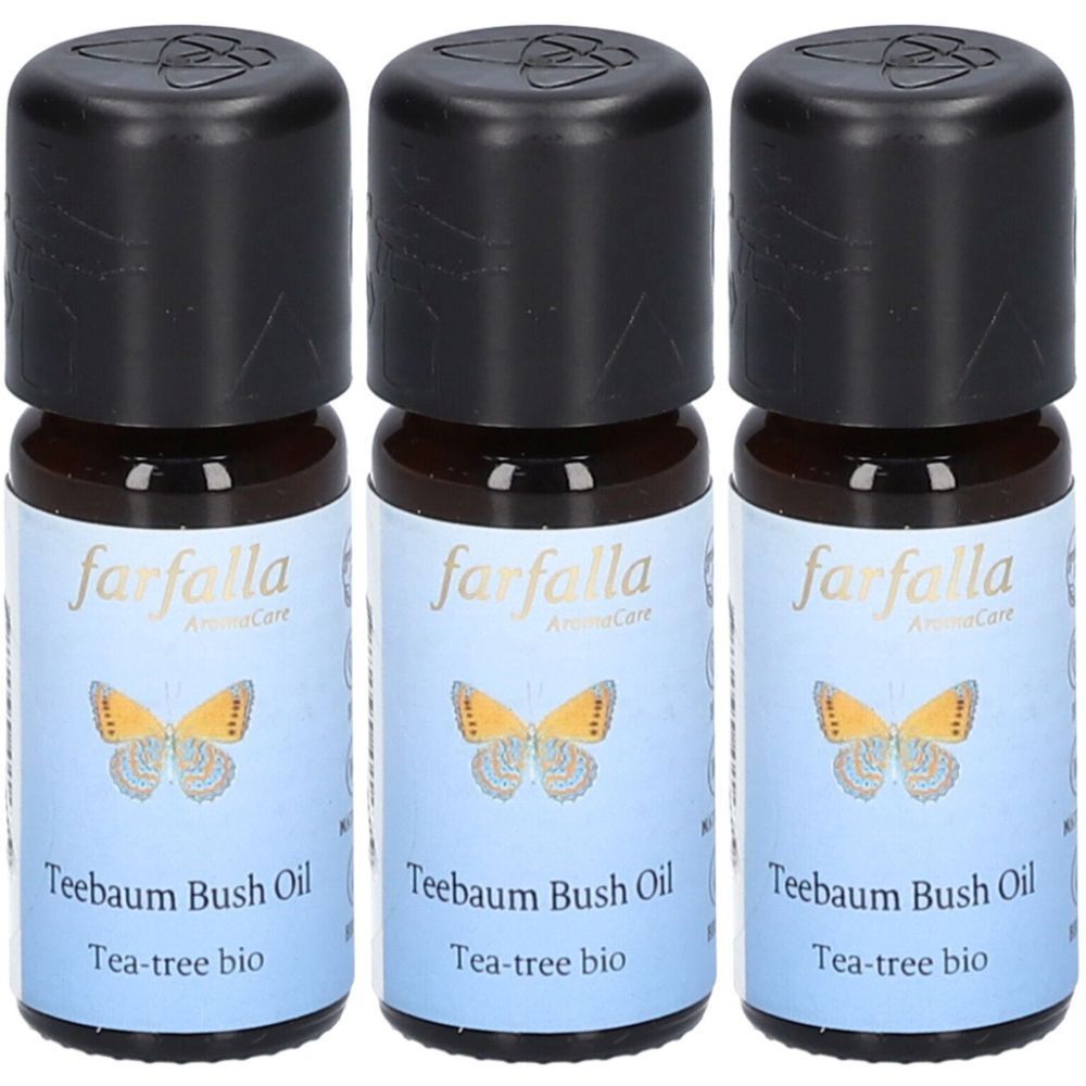 Trois petites bouteilles en verre brun avec des bouchons noirs. Les étiquettes indiquent "farfalla", "Teebaum Bush Oil" et "Tea-tree bio".