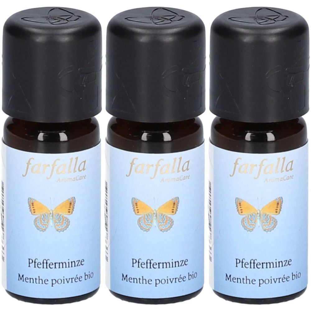 Trois flacons en verre brun avec des bouchons noirs. Les étiquettes indiquent "farfalla AromaCare" et "Pfefferminze".